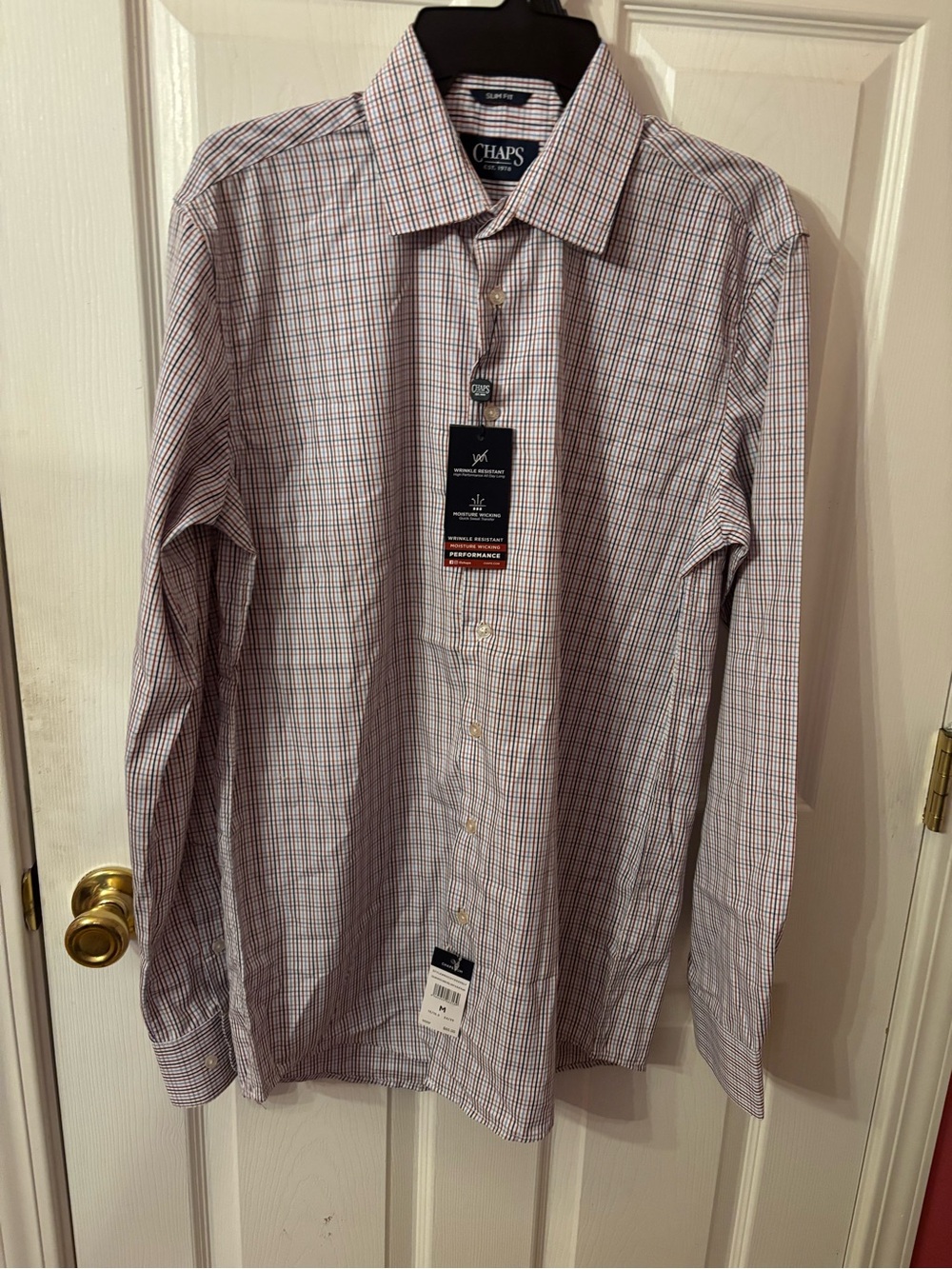 Chaps Men's Slim-Fit Plaid Dress Shirt - White with rust/blk/blu Check SZ L NEW